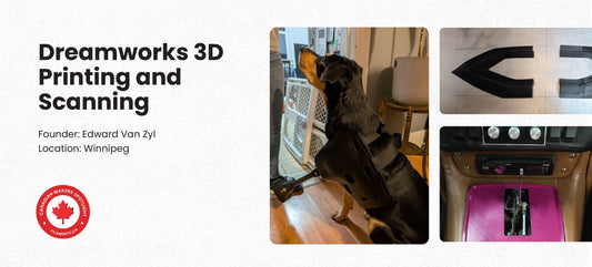 Dreamworks 3D Printing and Scanning feature banner for Filaments.ca Canadian Makers Spotlight, showcasing Edward Van Zyl's custom 3D scanning projects including a dog harness, automotive trim, and Jaguar center console.